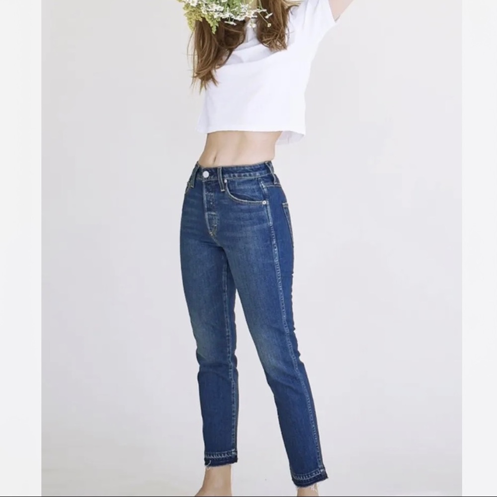 $255 Amo Denim Babe True Blue High Rise Raw Hem Skinny Jeans Size 28